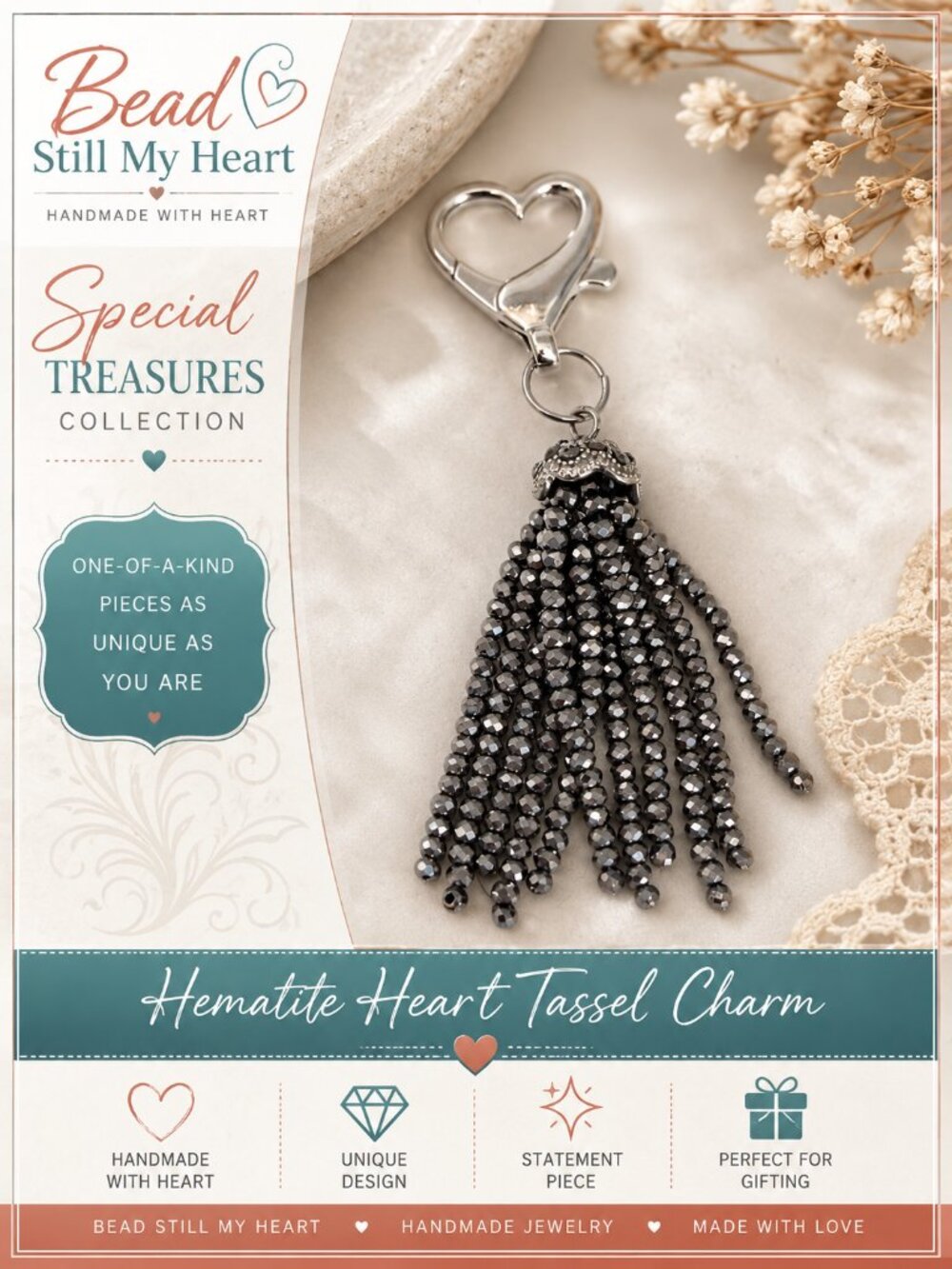 Hematite Heart Tassel Handmade Bag Charm | Special Treasures